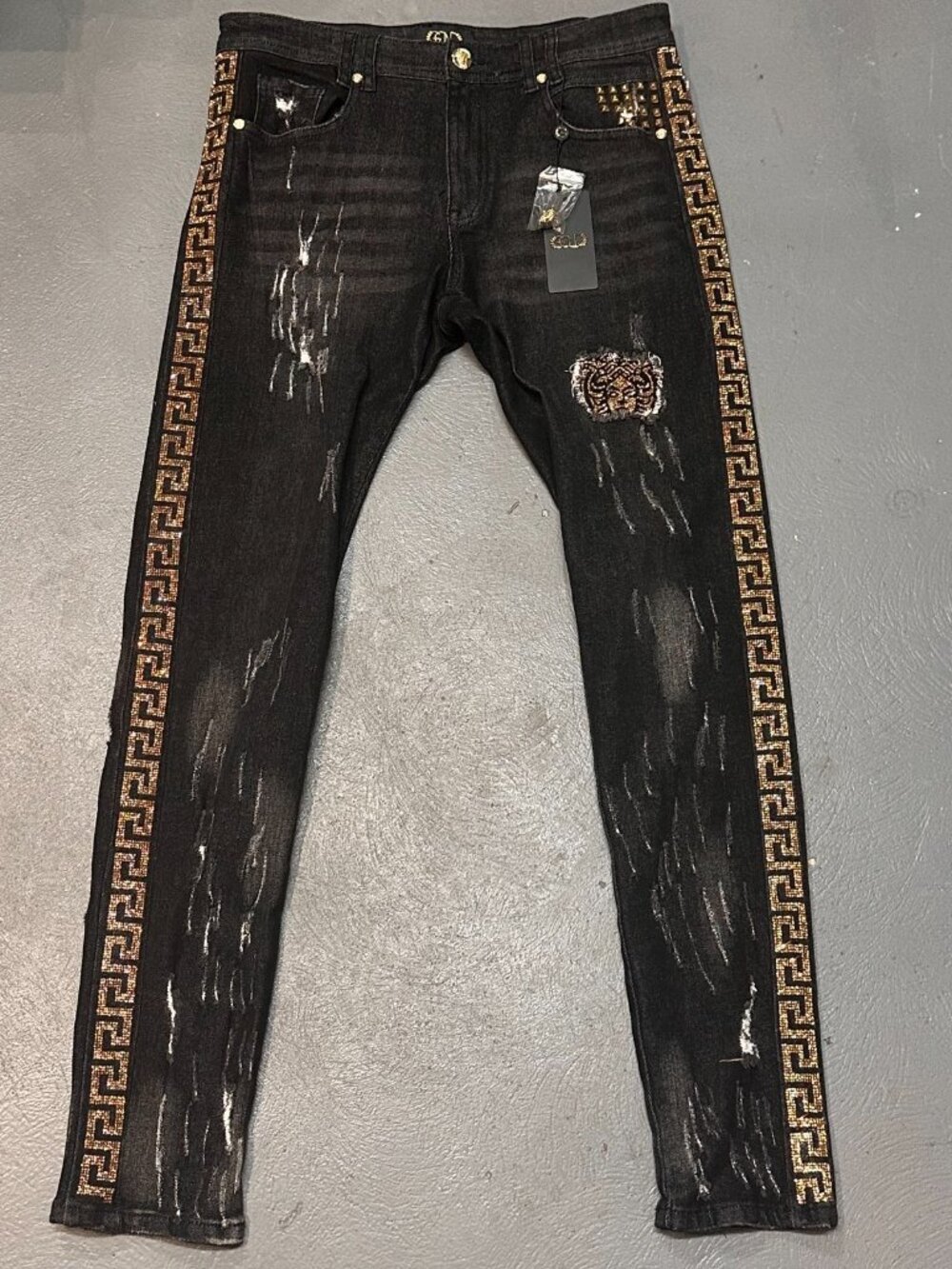 Gold Black Mens Distressed Jeans Size 34 Rhinestone Greek Key Skinny Y2K New